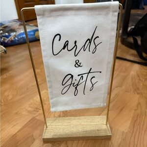 2 ITEMS. Elegant White Cards & Gifts and Favors Banners with Gold Stand